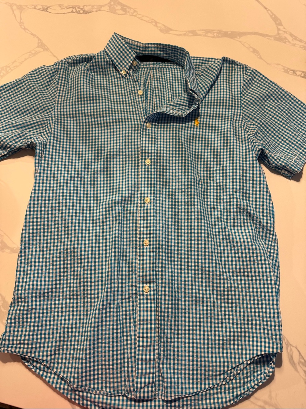 Ralph Lauren Teal and White Gingham Short-Sleeve Button-Down Shirt